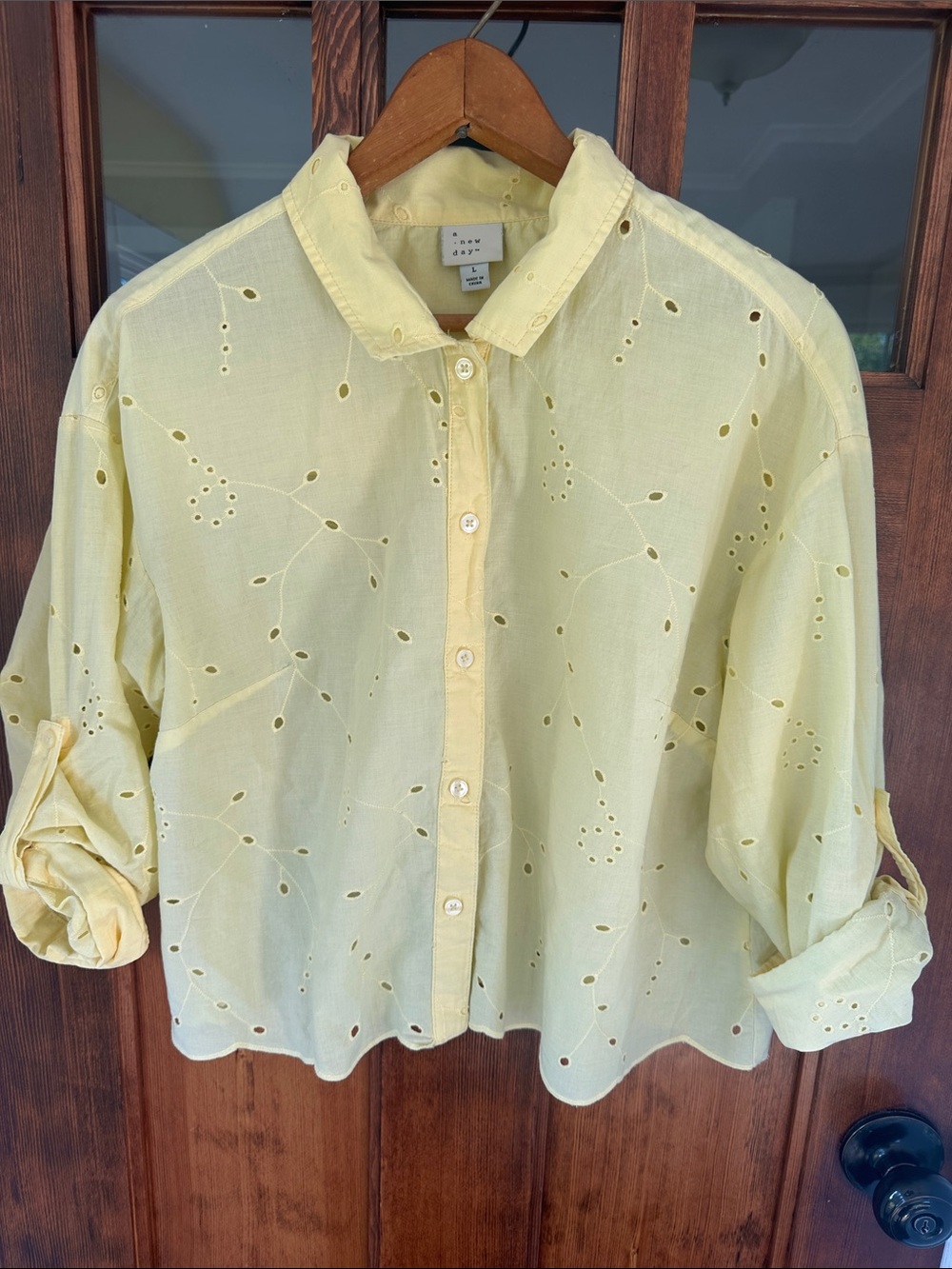 a new day Yellow Eyelet Scalloped Button Down Shirt Size L Cotton Crop Boho